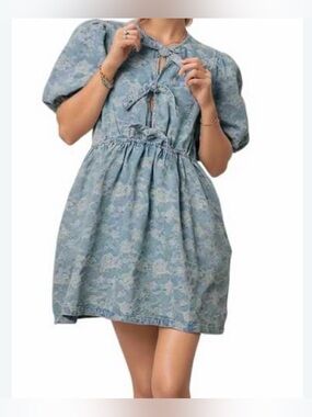 Miou Muse Floral Print Mini Denim Dress Size Medium